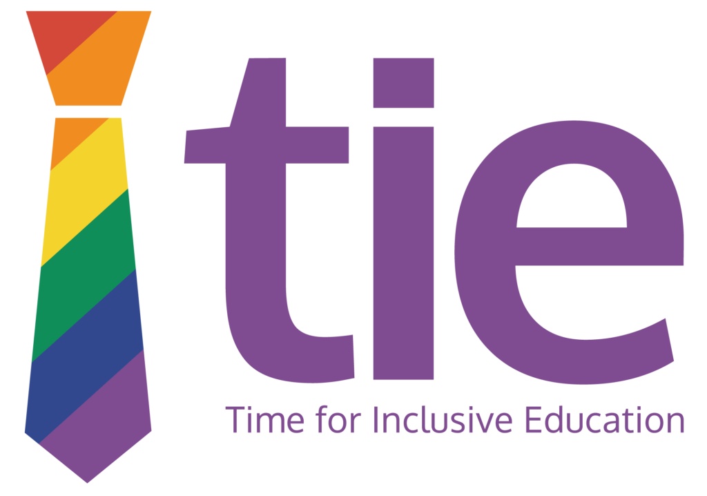 Time for Inclusive Education logo, TIE, with a rainbow necktie